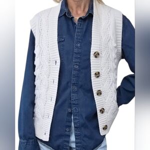White Stuff Cable Knit Sweater Vest Wool Blend US 8 Button Front Preppy